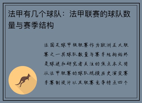 法甲有几个球队：法甲联赛的球队数量与赛季结构